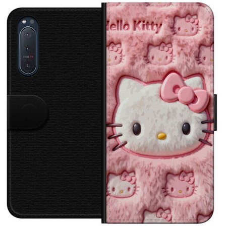 Kompatibelt Lommeboketui til Sony Xperia 5 II Hello Kitty rosa fluffy bakgrunn med ikoniskt ansikt og kawaii-estetikk