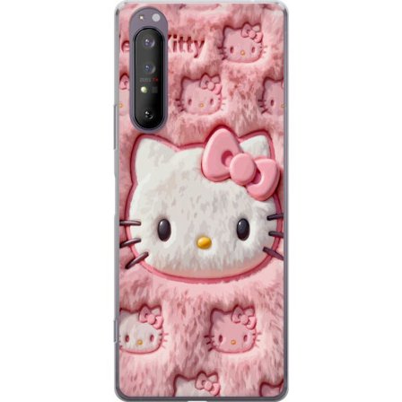Kompatibel Mobilcover til Sony Xperia 1 II Hello Kitty lyserød fluffy baggrund med ikonisk ansigt og kawaii-æstetik