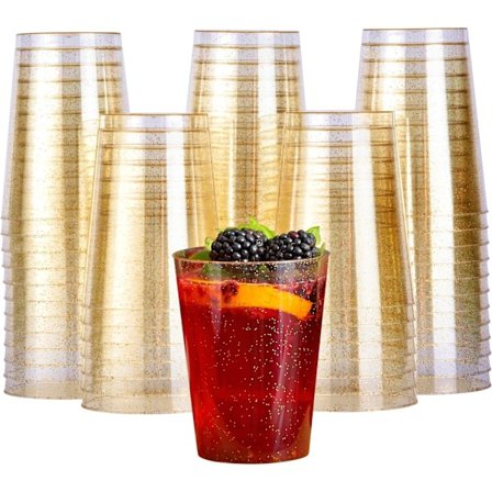 50 Premium Tykke Plastglass, Plastpartyglass med Gullglitter (285ml / 10oz) - Gjenbrukbare Plastglass, Tumblers-Jan-