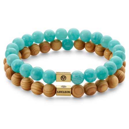 Conjunto de pulsera de madera y amazonita azul para hombres - Pulseras de perlas