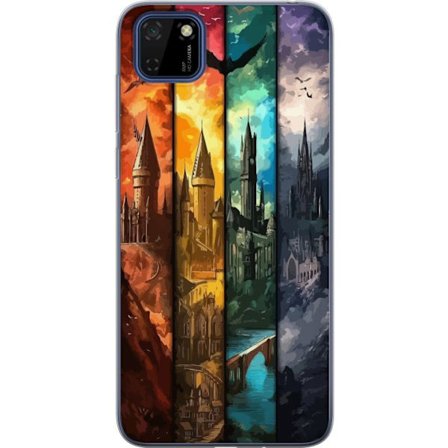 Kompatibel Mobilcover til Huawei Huawei Y5p Fire magiske slotte i forskellige elementfarver, episk fantasykunst med ild vand luft og mørke i detaljer
