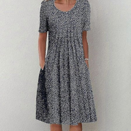 Naisten kukallinen pyöreäkauluksinen lyhythihainen midimekko, naisten löysä taskullinen laskostettu mekko