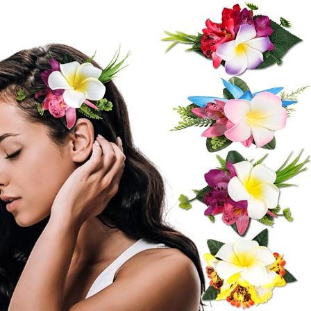 Havaijilaiset Plumeria-kukkakoristeet naisille ja tytöille - 4 kappaletta keinotekoisia kukka-hiuspinnejä ja -klipsejä rannalle, Luau-asuihin, 