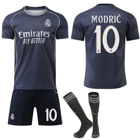 2025-2026 Real Madrid udebanetrøje fodboldsæt til børn og voksne med sokker - Kompatibel med Modric nr. 10[JUN]