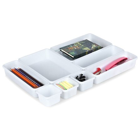 Åtta lådorganisatörer i tre storlekar för kontor och smink