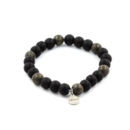 Stenar och mineraler. Mattsvart Onyx + Pyrit Beads Armband från Sydafrika 8 mm. Tillverkad i Frankrike.