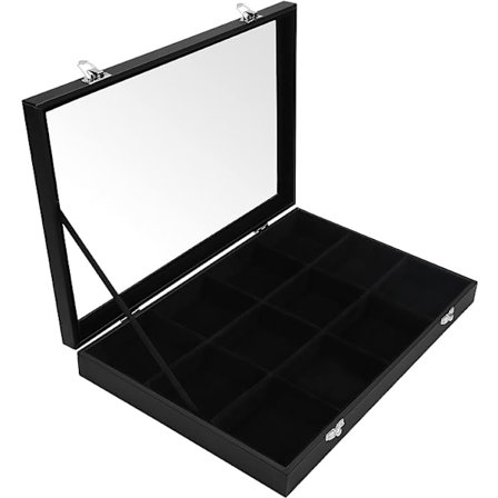 Svart fløyel smykkeskrin med 12 seksjoner og glasslokk - Fe
