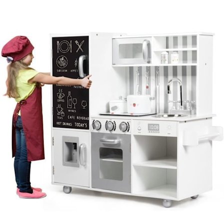 COSTWAY Wooden Play Kitchen 3 Years+, ljus- och ljudeffekter med 7 tillbehör med Blackboard