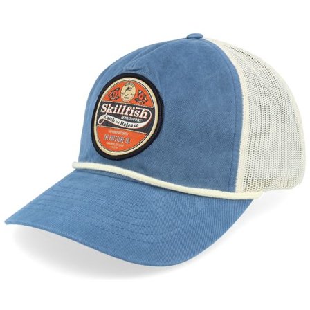 Skillfish - Blå trucker Keps - Retro Fishing Logo Bachelor Legion Blue/Sand/Cream Trucker @ Hatstore