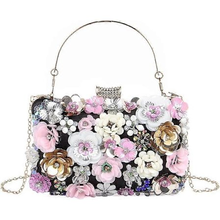 Elegante blomstrede aftenclutcher til kvinder, blomster perler bryllups tasker brude skuldertasker håndtasker (sort)