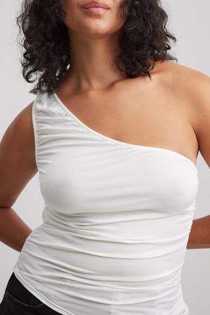 NA-KD Haut asymétrique sur le côté en jersey - Top Epaule Dénudée - Blanc - Medium