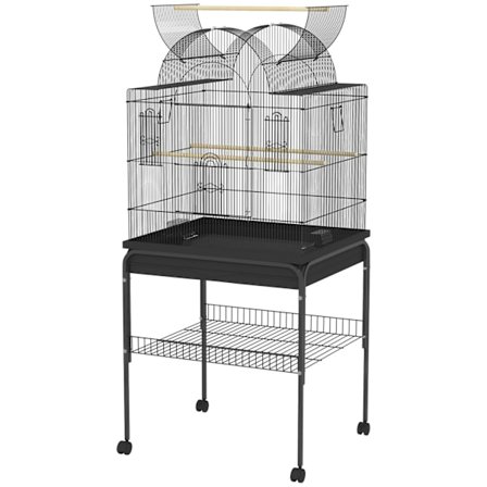 Fågelbur stor undulatbur med bricka, förvaringsutrymme, matningsstation, fågelhus med hjul för kanariefåglar, stål 63 x 53 x 144 cm svart