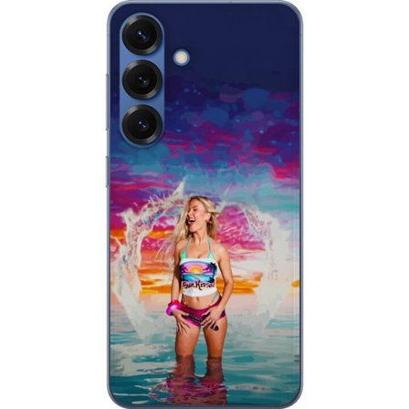 Kompatibelt Mobildeksel til Samsung Galaxy S25+ Blond kvinne i fargerik strandantrekk som leker i havet ved solnedgang