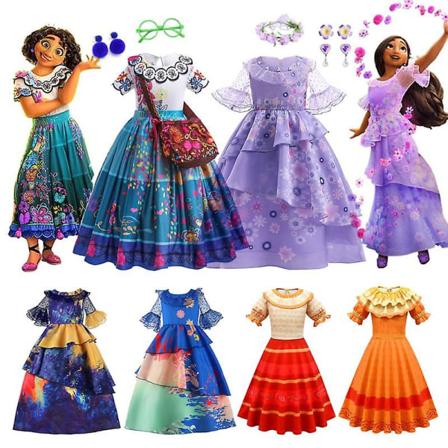 Disney Mirabel Isabela -asu tytöille, prinsessamekko, cosplay-asu, Encanto, karnevaali, syntymäpäiväjuhlat, seppeleen vaatteet, laukun koriste [DB] 