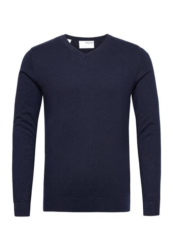 Slhberg Ls Knit V-Neck Strikkegenser V-krage Blå Selected Homme