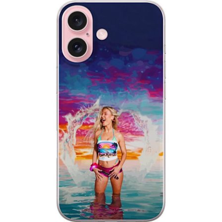 Kompatibelt Mobildeksel til Apple iPhone 16 Blond kvinne i fargerik strandantrekk som leker i havet ved solnedgang