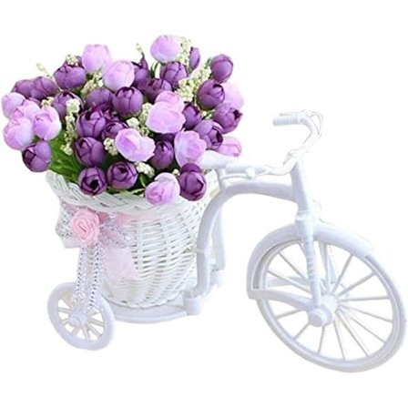 Sykkel Kunstig Blomst Trehjulssykkel Planter Hagedekor Rattan Vase Kurv for Bryllup Lilla Blomst