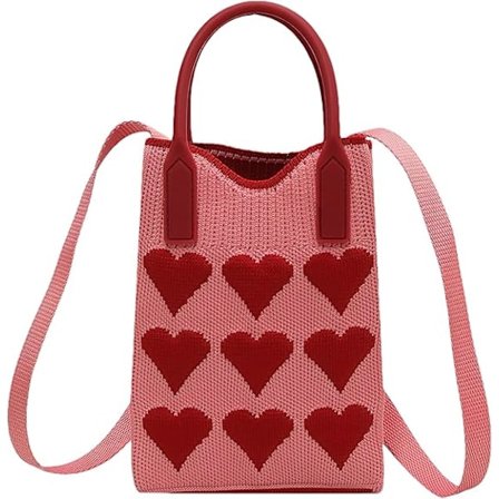 Mobiltelefon Crossbody Taske til Kvinder Lille Hæklet Pung Håndtaske med Hjerte Mønster, Pink