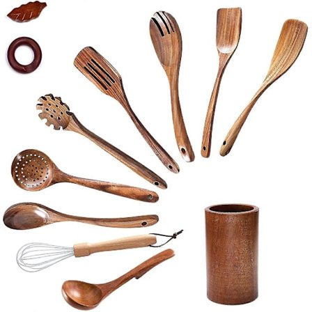 Træskeer til madlavning, sæt med træredskaber med træholder, non-stick pande køkkenværktøj W