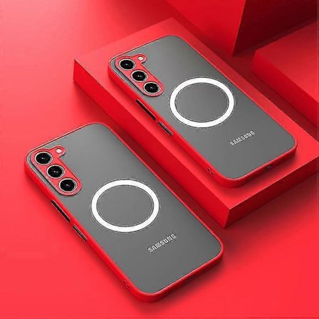 Iskunkestävä mattapintainen panssarikuori MagSafe-laturille, Samsung Galaxy S21 Plus, läpinäkyvä takaosa, punainen