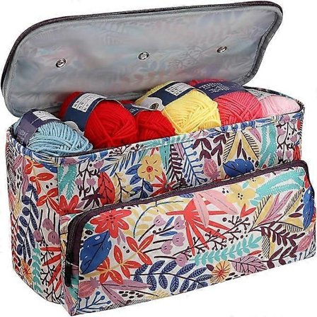 Strikketaske, Projekttaske til Hækling og Strikning, Taske til Garnopbevaring, Strikketaske med Rum og Lomme, Garnnøgle Taske 36cm x 19cm