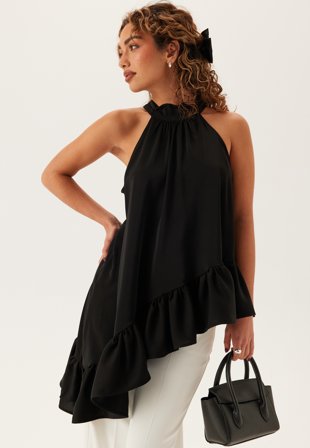 Bubbleroom - Asymmetric Halter Neck Blouse - Black - Kläder