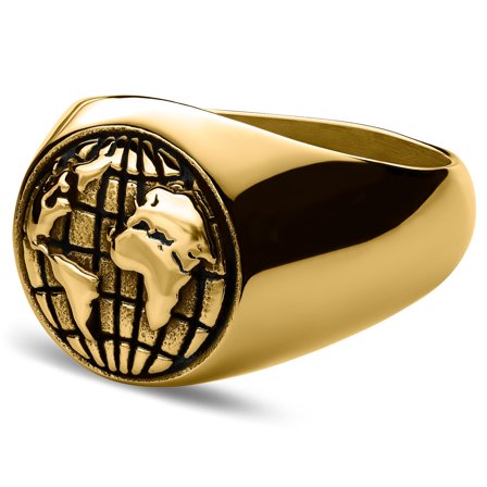 Atlas | Gold-tone Steel World Signet Ring for Men - Signet rings