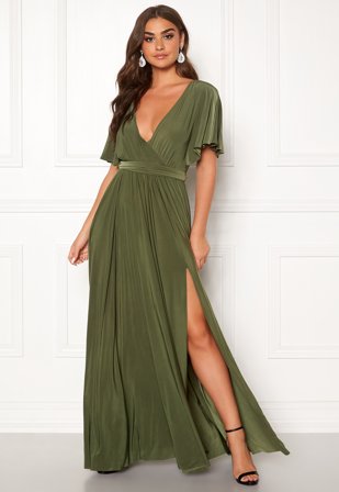 Goddiva Flutter Sleeve Maxi Dress Olive Green Klær
