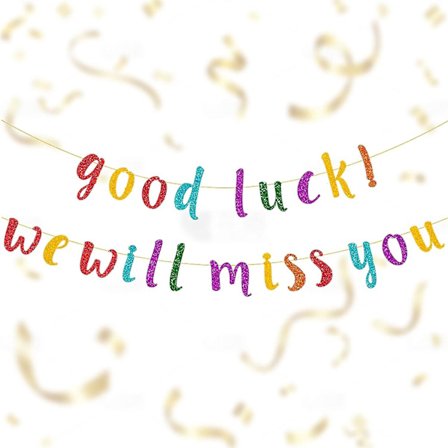 Vi vil savne dig med held og lykke, Banner Glitter Banner Festdekorationer til pensionering, dimission, flytning, farvel, flerfarvet