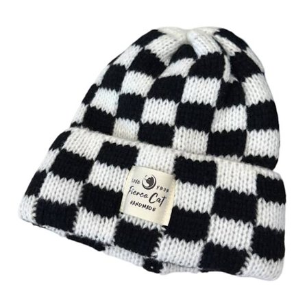 Strikkede luer for kvinner, varme rutete skull caps, baggy, elastisk, brettet skull cap, ørebeskyttere