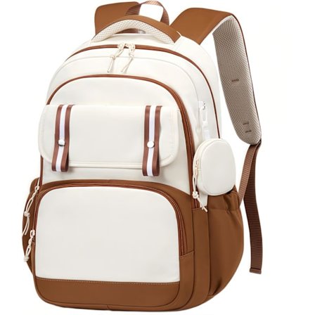 Brun Skolesekk, 17-tommers Lett Laptop Ryggsekk - Søt Dagstursekk for Tenåringsjenter, Reiseveske for Mellom- og Videregående Skole med Polstring