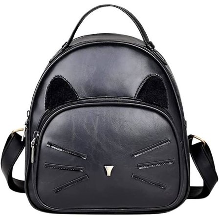 Kattesnorre Rygsæk | Dame Lille Rygsæk + Rejsetaske Eller Tegnebog Retro PU Læder (sort)