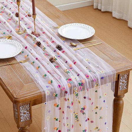 Spetsbordslöpare för bröllop - Lång vit elegant bordsduk, festlig dessertbordsdekoration med blomsterbroderi, perfekt för