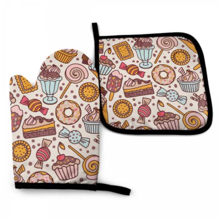 Candies And Sweets Oven Mitt and Pot holder Set Heat Resistant Non Slip Kitchen Gloves with Inner Cotton Layer
