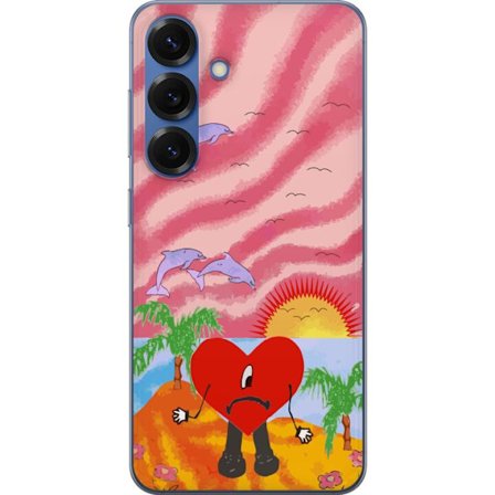 Kompatibelt Mobildeksel til Samsung Galaxy S25+ Bad Bunny i en fargerik quiltet jakke med hjertemønster og solbriller i moderne gatestil