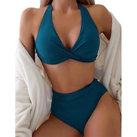 Vadderad Push Up Halter Bikini Set för Kvinnor, Högmidjade Baddräkter, Sommarstrandbadkläder, Baddräkt, Simdräkter (L Påfågelgrön)