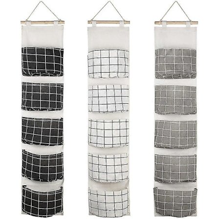 3 stk. Hængende Opbevaringspose med 5 Lommer, Motasom Vægopbevaringskurv i Stof