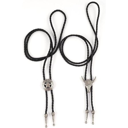 2 Stilige Bolo-slips i Lær med Kuflisse, Rangerstjerne, Svart Slip, Western Cowboy Vintage Bolo-slip Retro Slip