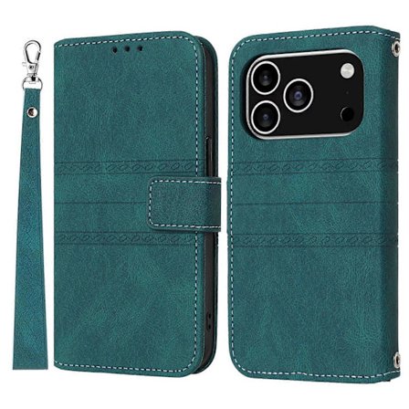 Læder Wallet Case til iPhone 17 Pro med tryk og håndledsrem