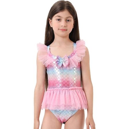 Piger Børn 1-delt Flæse Mermaid Style Badedragt til Strand, Sommer Badedragt Ferie Strandtøj (pink-S 110-120)