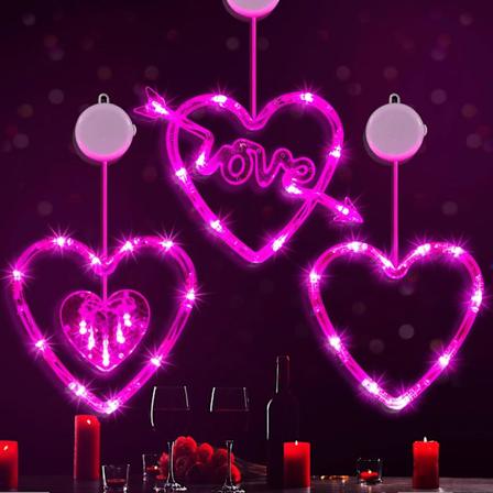 3 stykker røde og rosa hjerteformede Valentinsdag-lyskjeder med sugekopp for innendørs bryllup og jubileum (rosa) Pink