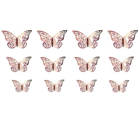 12 stk 3D (Rose Gold) Butterfly Veggklistremerker 3 Størrelser Butterfly Wa