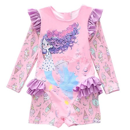 Pige-Havfrue Ruffle Langærmet Badedragt med UV-Beskyttelse