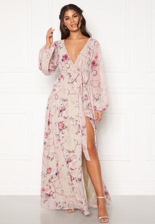Goddiva Floral Chiffon Maxi Dress Latte Floral Klær