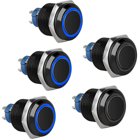16mm Momentan Tryckknapp, 12V 5A 1NO1NC Metallspärr Tryckknapp med Blått LED-ljus, Vattentät 4-Pin Självlåsande Rund Strömbrytare för Bil