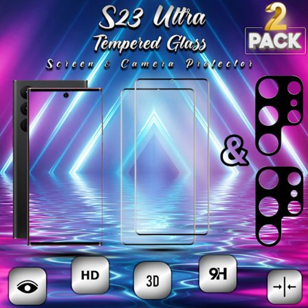2-Pack Samsung S23 Ultra Skärmskydd & 2-Pack linsskydd - Härdat Glas 9H - Super kvalitet 3D