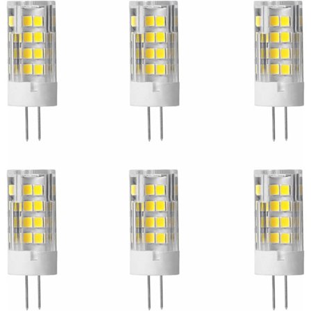 Pakke med 6 G4 LED-pærer 5W tilsvarende 50W, 51 LED-er, 500 lumen, 360 graders strålevinkel, AC/DC 220V, ikke-dimbar, kald hvit 6000K [Energiklasse B]