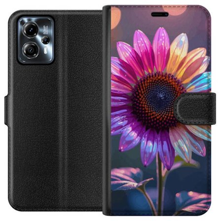 Kompatibelt Lommeboketui til Motorola Moto G13 Irideserende blomst med glitrende kronblad i rosa lilla og gull mot myk bokeh bakgrunn