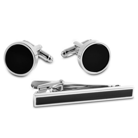 Set de pinces à cravate et de boutons de manchette couleur argent et noir pour hommes - Sets de pince à cravate et boutons de manchette - pour Hommes 