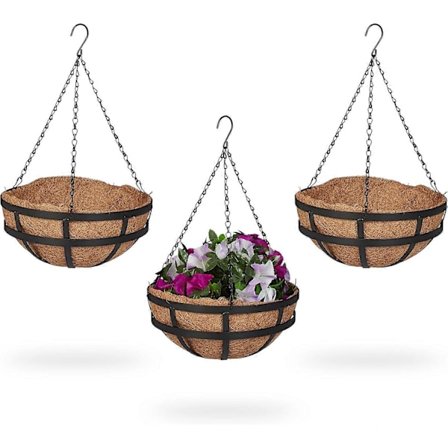 Riippuva kukka-amppeli, 3 koria, kookoskuitu sisällä, KxL: 50x31 cm, riippuvat kasvit, sisä- ja ulkokäyttöön, metallirunko, ruskea/musta